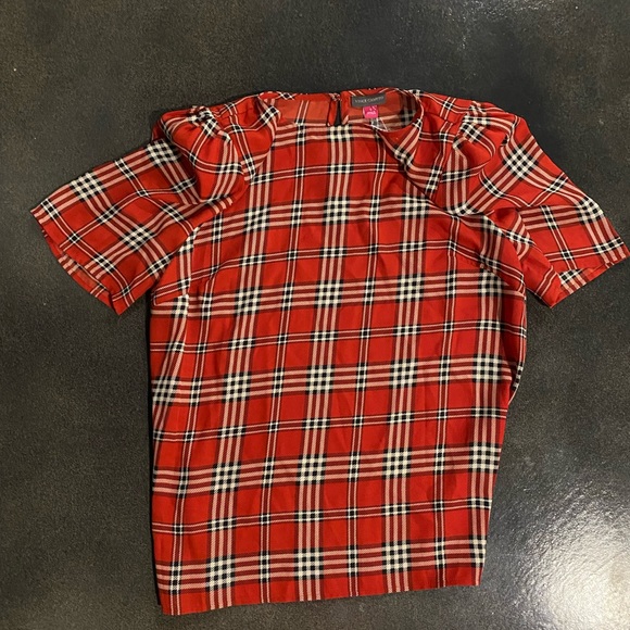 🆕 Vince Camuto 💌 Short Sleeve Shoulder Plaid Blouse Red Burnt Amber top size S - Picture 7 of 8